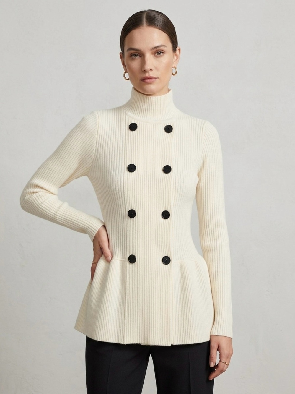 STYLEWE Cream Ribbed Double-Breasted Turtleneck Sweater